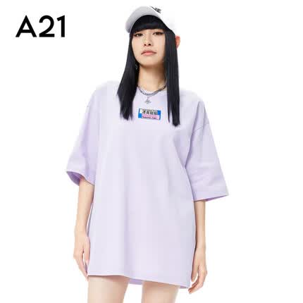 A21夏休闲短袖t恤外穿内搭女圆领落肩印花上衣显瘦打底衫 粉紫 S