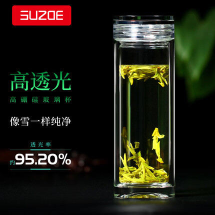 述作高档双层玻璃杯茶杯男士水晶泡茶杯隔热杯子透明女商务便携水杯 云影大号380ML（大方刚正）