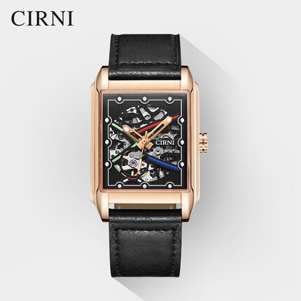 西亚尼方形手表男机械表全自动镂空皮带时尚新款钢带休闲商务男士手表 炫彩皮金黑 CIRNI