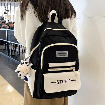 菲派书包女双肩包初高中大学生背包大容量耐磨15.6英寸笔记本电脑包 黑色 带奶牛挂件