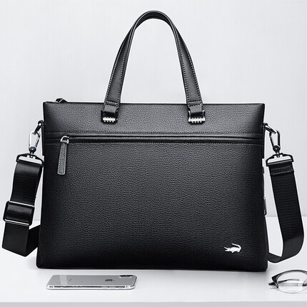 卡帝乐鳄鱼男包公文包头层牛皮男士手提包笔记本电脑包商务休闲时尚单肩斜挎男皮包文件包黑色