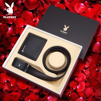 花花公子时尚男士商务头层牛皮钱包牛皮腰带横款钱夹送礼套装皮带男礼盒装