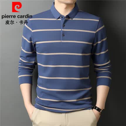 皮尔卡丹(pierre cardin)高端长袖t恤男士春秋季条纹polo上衣中青年薄款翻领打底衫