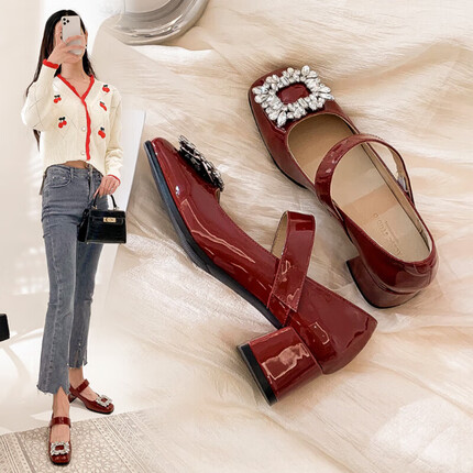 艾斯臣 ACESC 玛丽珍鞋女春夏季款法式休闲百搭单鞋时尚设计感小众EES0W 酒红色(跟高4.5CM) 37 