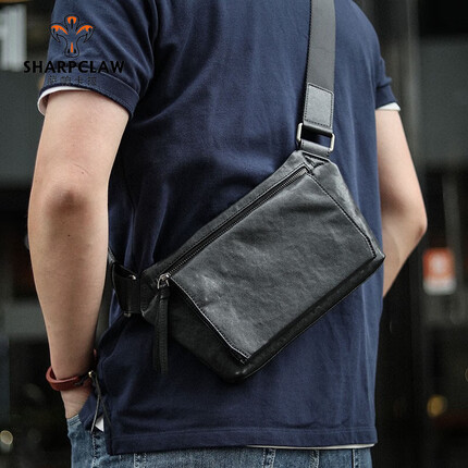 萨帕卡拉男士品质休闲胸包植鞣牛皮单肩斜挎包通勤休闲背包潮 黑色全盖 SHARPCLAW