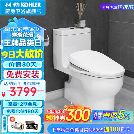 科勒（KOHLER）齐悦连体马桶家用五级旋风虹吸节水坐便器抽水静音缓降座厕28866 智能速热全功能组合马桶+18649 290-390选305坑距28866T