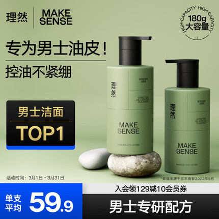 理然男士控油洗面奶氨基酸去油保湿油皮油痘肌洁面乳护肤品男180g*2