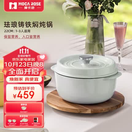 摩卡色 mocarose摩卡色铸铁珐琅锅家用炖汤煲汤炖煮煎炒搪瓷西餐海鲜锅 22CM奶油绿