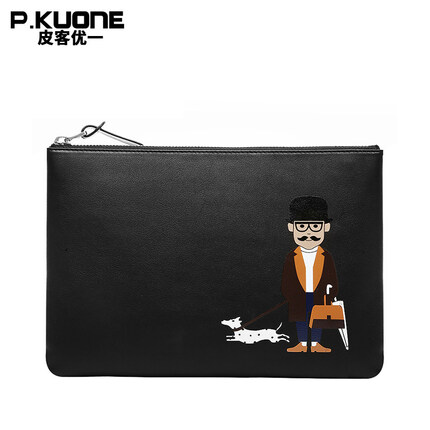 皮客优一P.kuone原创男士手包真皮手拿包信封包男个性休闲拉链手抓包牛皮夹包皮包潮男 尊贵黑小号