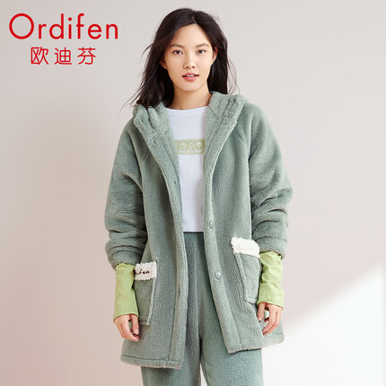 欧迪芬（Ordifen）睡衣舒暖厚款棒球服式带围脖男女士情侣款可外穿家居服套装 PH1705 清灰绿 M