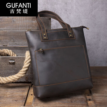 古梵缇公文包男 时尚简约复古头层牛皮大容量托特包单肩手提包gft-1565 深咖色 GUFANTI
