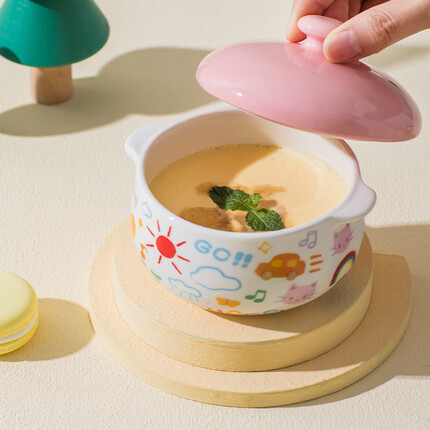 ezicok蒸蛋碗陶瓷碗双耳带盖碗蒸蛋羹甜品碗卡通小碗蒸饭碗炖盅烘焙烤碗 粉色·蜡笔