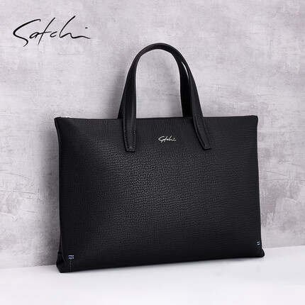 Satchi沙驰男包商务休闲头层牛皮手提包2021新品电脑包手写体大容量公文包AX24059-12H 黑色