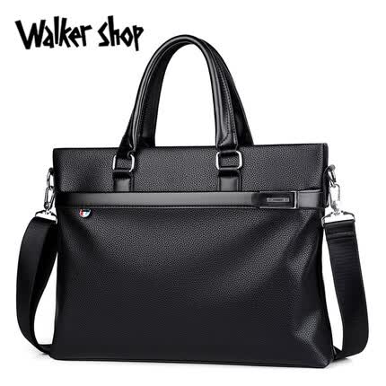 Walker Shop公文包男大容量商务手提包男士软皮男包A4单肩包斜挎电脑包男 大号黑色【PU】