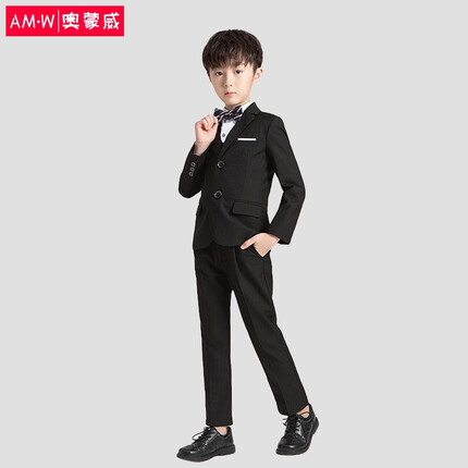 奥蒙威 儿童西装春秋款男童纯色西服花童礼服套装钢琴走秀表演服 AMW-LB19133黑色套装150