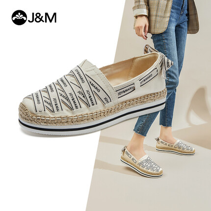 快乐玛丽渔夫鞋女士单鞋麻饼复古风松糕底百搭平底懒人休闲鞋一脚蹬帆布鞋子女懒人浅口 米色 38 
