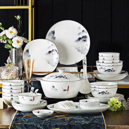 红牡丹陶瓷盘子碗套装家用骨瓷餐具套装碗具碗筷套装新中式碗碟套装瓷器 江山如画60件12人 (圆形) 礼盒装