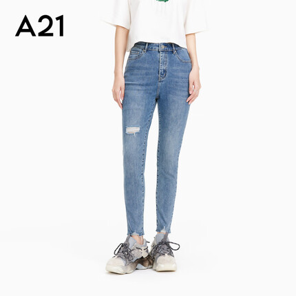 A21女装2023夏季新款显瘦牛仔长裤女设计感高腰修身破洞九分裤 浅蓝 25
