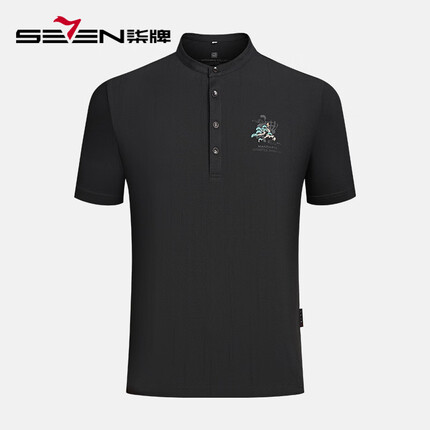 柒牌男装半开襟短袖t恤男夏季新款时尚休闲立领上衣 黑色 XL