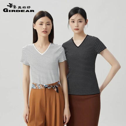 哥弟真的好女装简约休闲V领修身条纹莫代尔短袖T恤女A301159 白 L(4码)