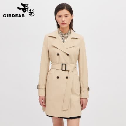 哥弟(GIRDEAR)【GD】通勤中长款双排扣风衣女外套(附腰带)1400276 卡其 S(2码)