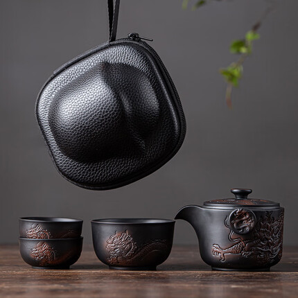 聚山堂紫陶手抓壶旅行茶具杯便携套装户外出差快客单人功夫茶具礼品定制 紫陶龙腾四海快客杯