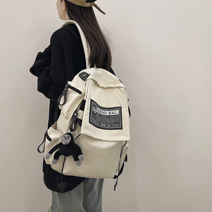 菲派书包女ins新款双肩包男 初中高中大学生背包大容量休闲耐磨15.6英寸笔记本电脑包韩版情侣款 白色【带猩猩挂件】