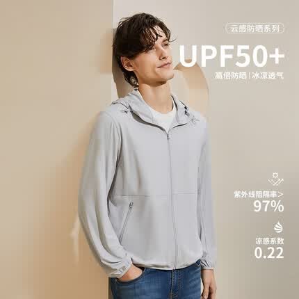 Hush Puppies暇步士男装2023夏季UPF50+户外防紫外线透气凉感四面弹连帽防晒衣 018浅灰1 S