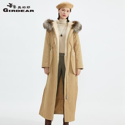 哥弟真的好女装狐狸毛皮连帽长款兔毛皮草派克服女大衣外套A400510 卡其 S(2码)