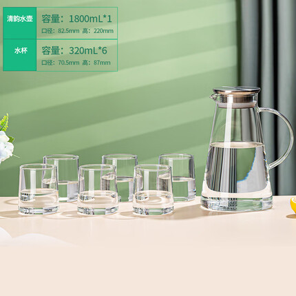 艾格莱雅（Aglaia）冰箱冷水壶玻璃耐高温家用大容量凉水壶白开水杯套装客厅茶壶扎壶 透明色清韵壶1800ml+6只杯320ml