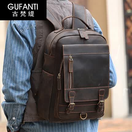 古梵缇双肩包男 疯马皮男士商务电脑双肩包 户外旅行包复古背包gftx-385 啡色 高41CM*宽11*30CM长 GUFANTI