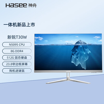 神舟新锐T30W一体机台式电脑23.8白色 赛扬N5095 8G 512G win10 WIFI 键鼠