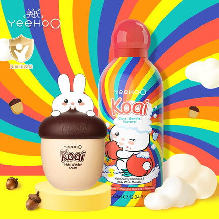 英氏（YEEHOO）儿童沐浴露洗发水二合一 英氏小奶泡坚果霜宝宝面霜套装(小奶泡桃子味350ml+坚果霜50g)