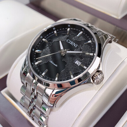 西亚尼男士手表全自动机械表运动男表防水时尚黑武士商务精钢带夜光品牌腕表 黑面钢带 CIRNI