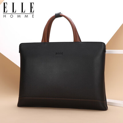 ELLE HOMME 男士商务公文包时尚真皮手提包 横款潮流简约牛皮男包EA188212510黑色