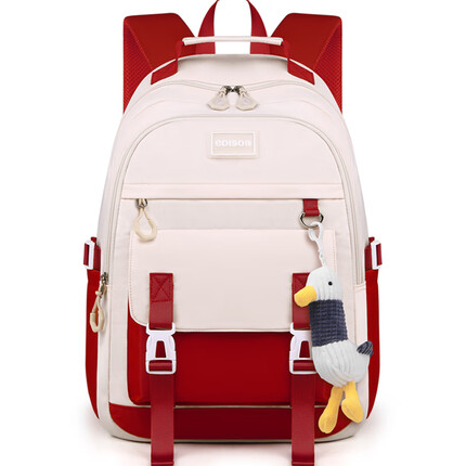 爱迪生发明家中学生书包初中生女校园减负背包大容量高中大学生旅行电脑双肩包 酒红色升级版（含加油鸭挂件）
