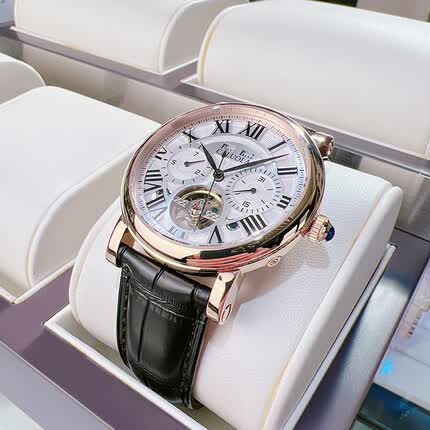 卡罗莱（CALUOLA） 品牌男士手表男表多功能全自动机械表手表男皮带防水镂空休闲时尚2022新款 1064M皮金白黑皮