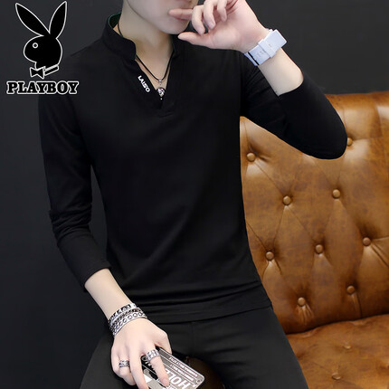 花花公子(PLAYBOY)长袖T恤男2022秋冬季男装男士打底衫韩版潮流宽松休闲V领纯色棉质上衣服 黑色 2XL