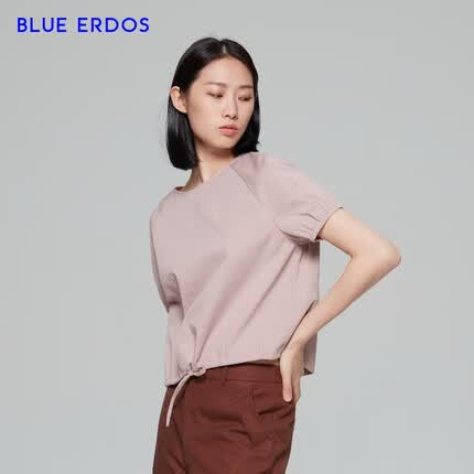 BLUE ERDOS女装春夏时尚通勤松紧口系带设计圆领半袖T恤女 灰紫 170/88A/L
