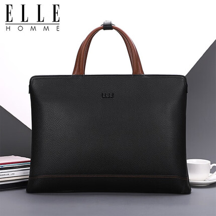 ELLE HOMME男包横款公文包手提包细腻头层牛皮男士商务大容量 黑色 395*275*60