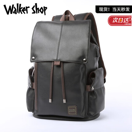 Walker Shop双肩包男双肩背包韩版时尚潮流大容量牛皮电脑包书包商务男包 黑色