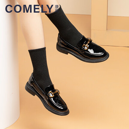 康莉2022年春款乐福鞋女马衔扣英伦风小皮鞋低跟复古单鞋 黑色*漆皮 37 