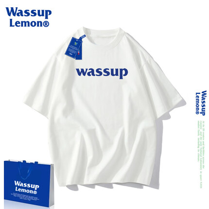 WASSUP LEMON短袖t恤男纯棉2023新款wassup国潮落肩宽松情侣装简约印花上衣 白色3049 XL 150-170斤