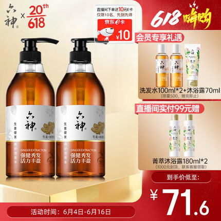 六神【强健秀发】生姜健发洗发水750ml*2(清爽控油止痒 新老款随机发)