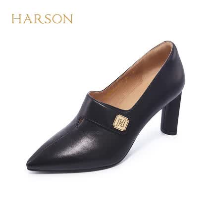 哈森（Harson）哈森春季新款欧美粗跟尖头通勤高跟深口秋女单鞋HL226605 黑色羊皮革 37