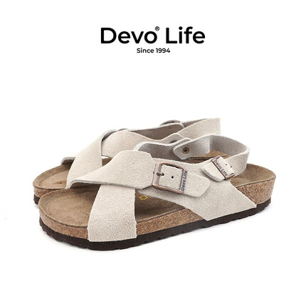 Devo LifeDevo/的沃软木凉鞋女时尚休闲平底搭扣罗马复古日系情侣凉拖56111 灰色反绒皮 女款,37 偏大一码