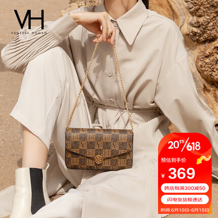 VANESSA HOGAN VH女包山茶花信封包复古老花字母单肩斜挎链条包生日礼物送女友