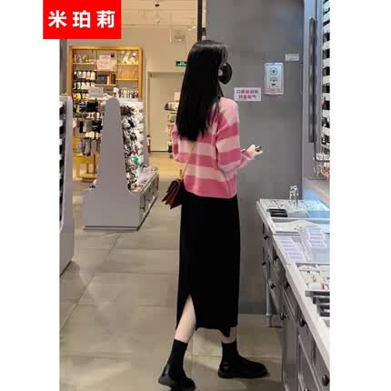 米珀莉小香风针织连衣裙秋冬女装新款2023年时尚气质套装条纹上衣+裙子 条纹上衣十裙子 M