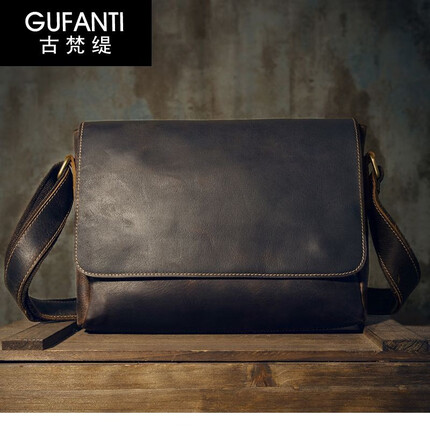 古梵缇单肩斜挎包男 复古牛皮男士单肩挎包休闲翻盖邮差包男包 gftt-45P 深棕色 GUFANTI