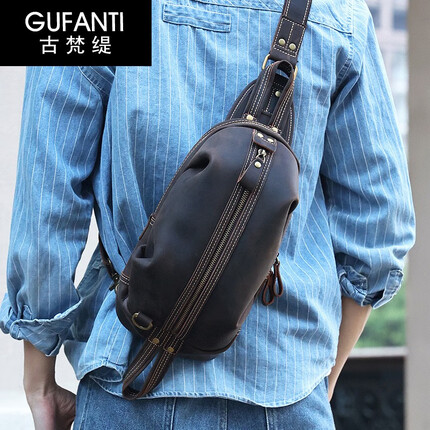 古梵缇斜挎包男 复古牛皮单肩包便携挎包多功能运动斜挎胸包男gftx-355 疯马皮咖色 GUFANTI